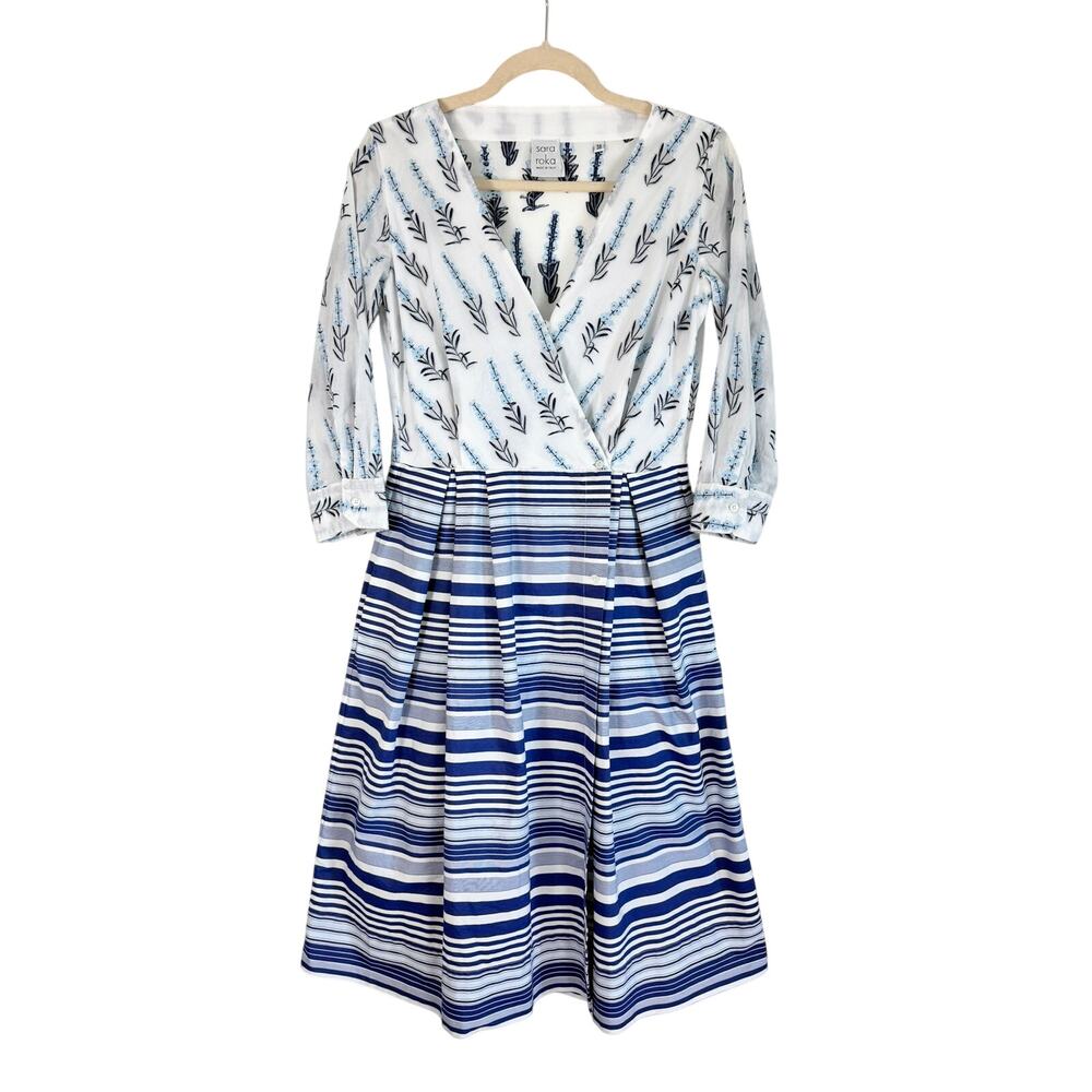Sara Roka Blue Floral Contrast Print Shirt Dress IT 38 US 2